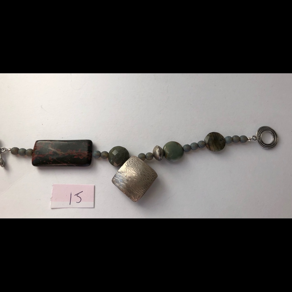 Stone & Bead Bracelet W Silver Square Charm (#15)